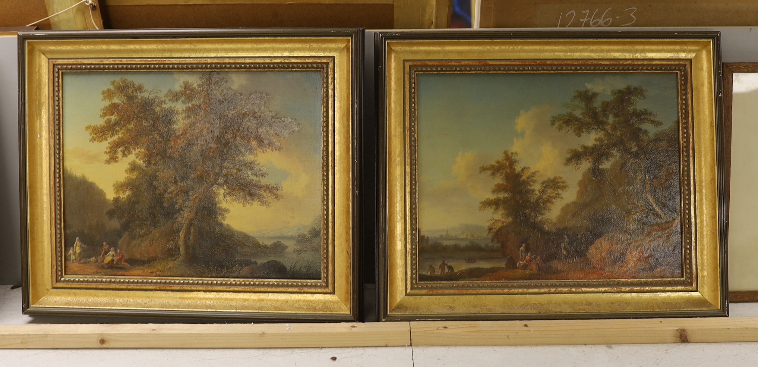After Jacob Philipp Hackert (1737-1807), pair of oleographs, 'Landscape I and II', E. Stacy Marks labels verso, 25 x 31cm